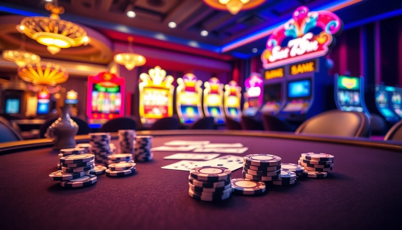 Players enjoying thrilling games at the 78WIN casino, featuring elegant poker tables and vibrant slot machines.