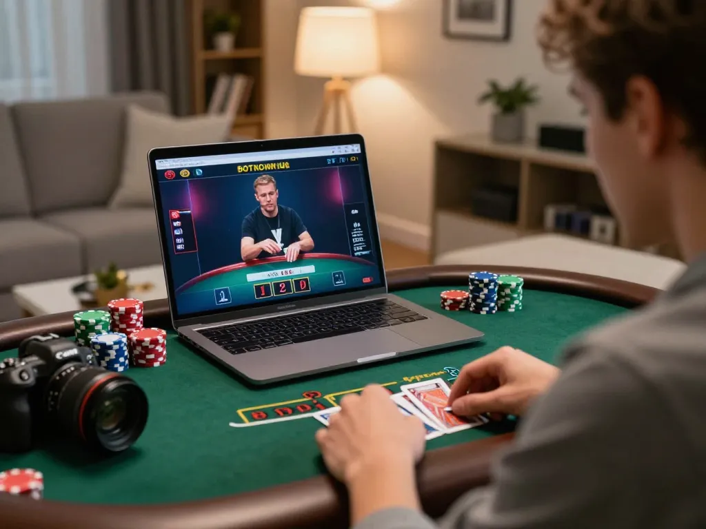 Experience the excitement of f168 casino with a player immersed in live blackjack session at home.