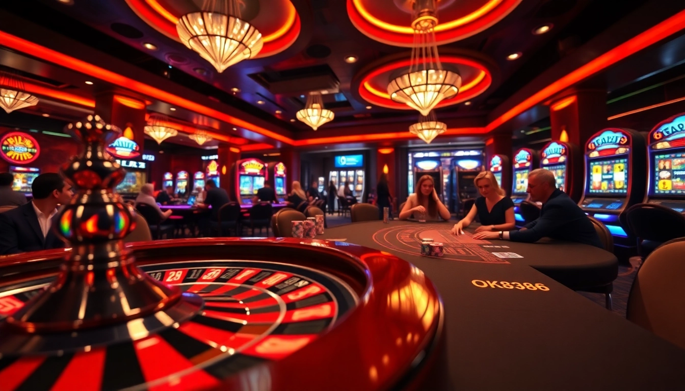 Experience the thrill of OK8386 with vibrant casino tables and players betting in action.