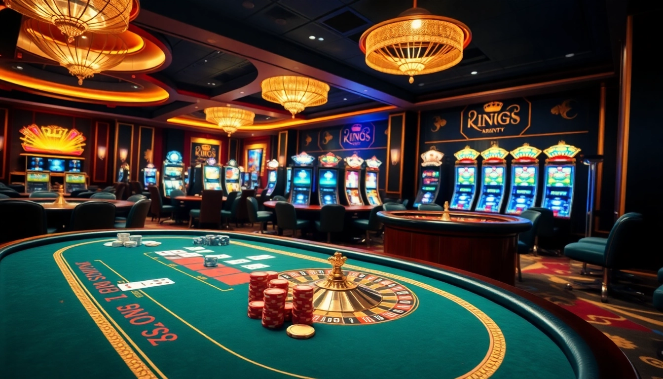 Experience the excitement of king88 at a luxurious casino table with poker chips and vibrant slot machines.