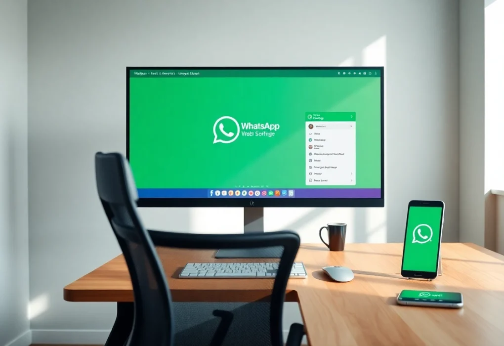 WhatsApp Web interface displayed on a modern desktop setup with a smartphone for seamless communication.