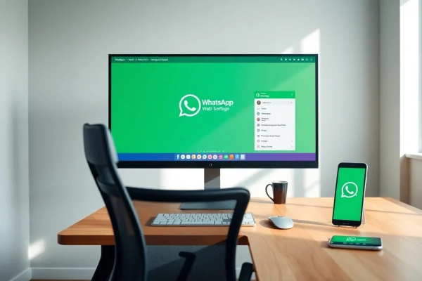 WhatsApp Web interface displayed on a modern desktop setup with a smartphone for seamless communication.