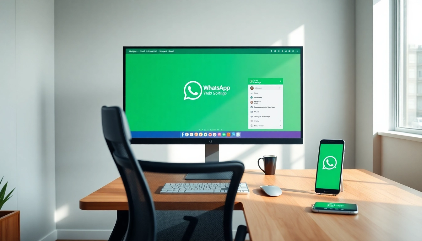 WhatsApp Web interface displayed on a modern desktop setup with a smartphone for seamless communication.