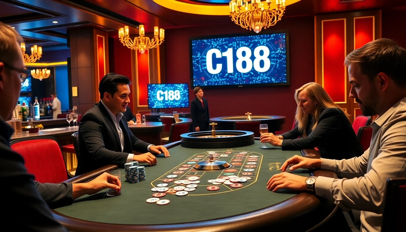 C168 gamblers strategizing at a luxurious poker table in a vibrant casino setting.