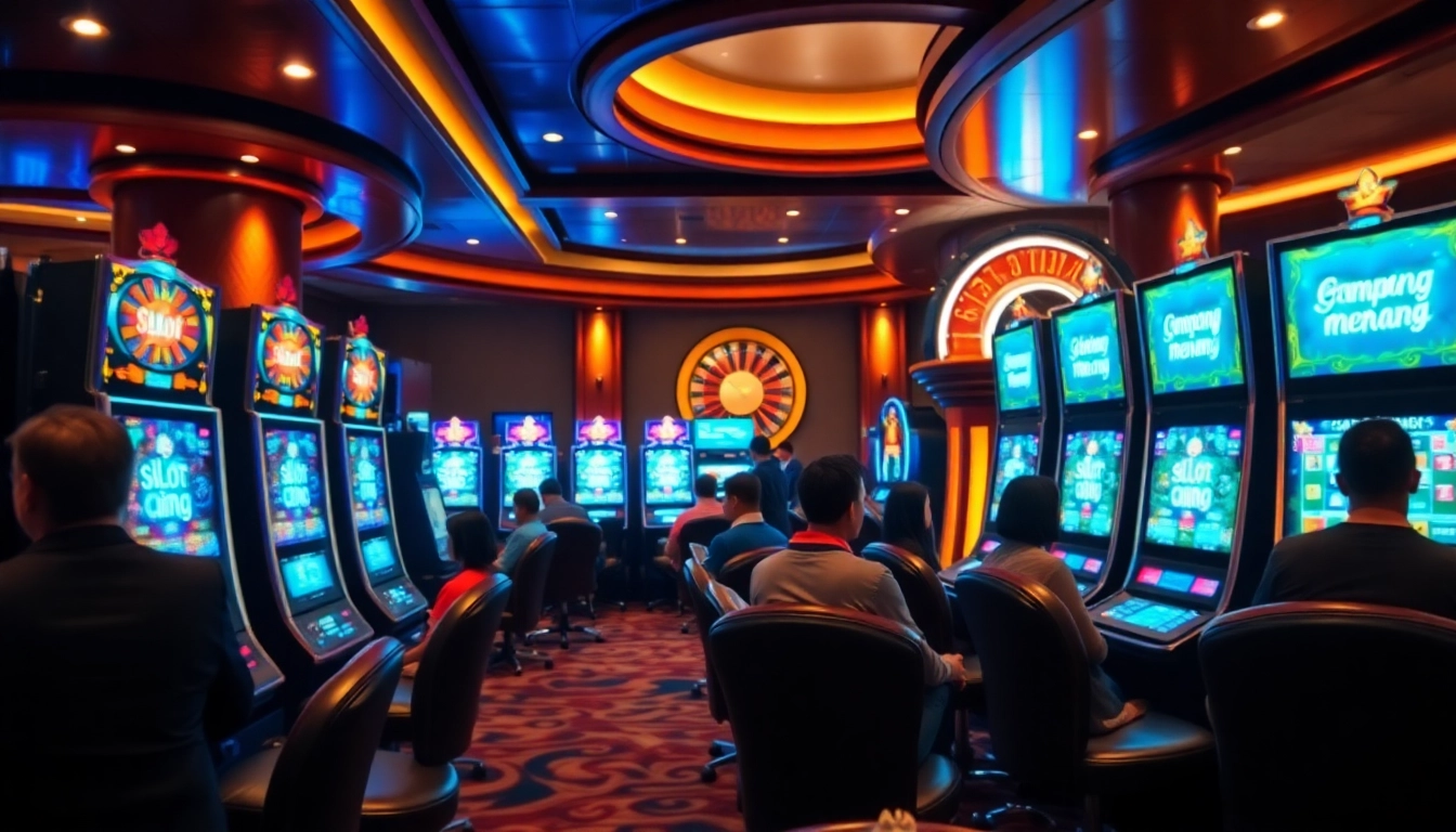 Pemain menikmati Slot gampang menang di mesin slot kasino yang ramai dengan roda roulette terlihat.