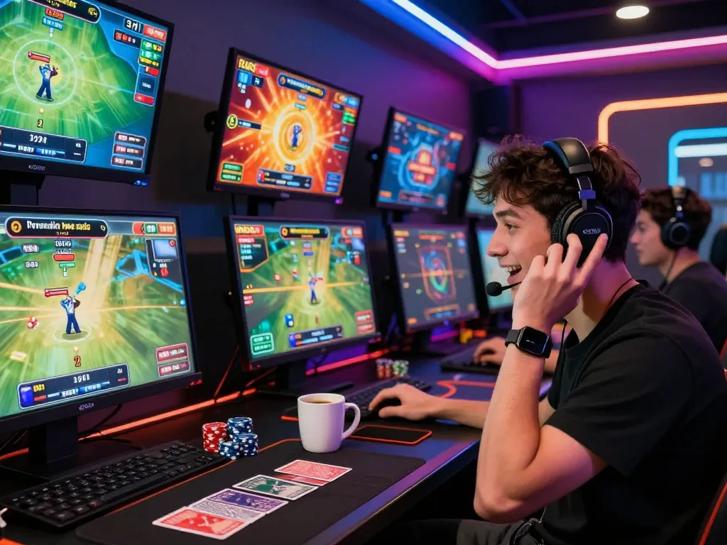 Engaged players at online gaming station, showcasing vibrant betting graphics on screens, enhancing experience at https://vin88.social/.