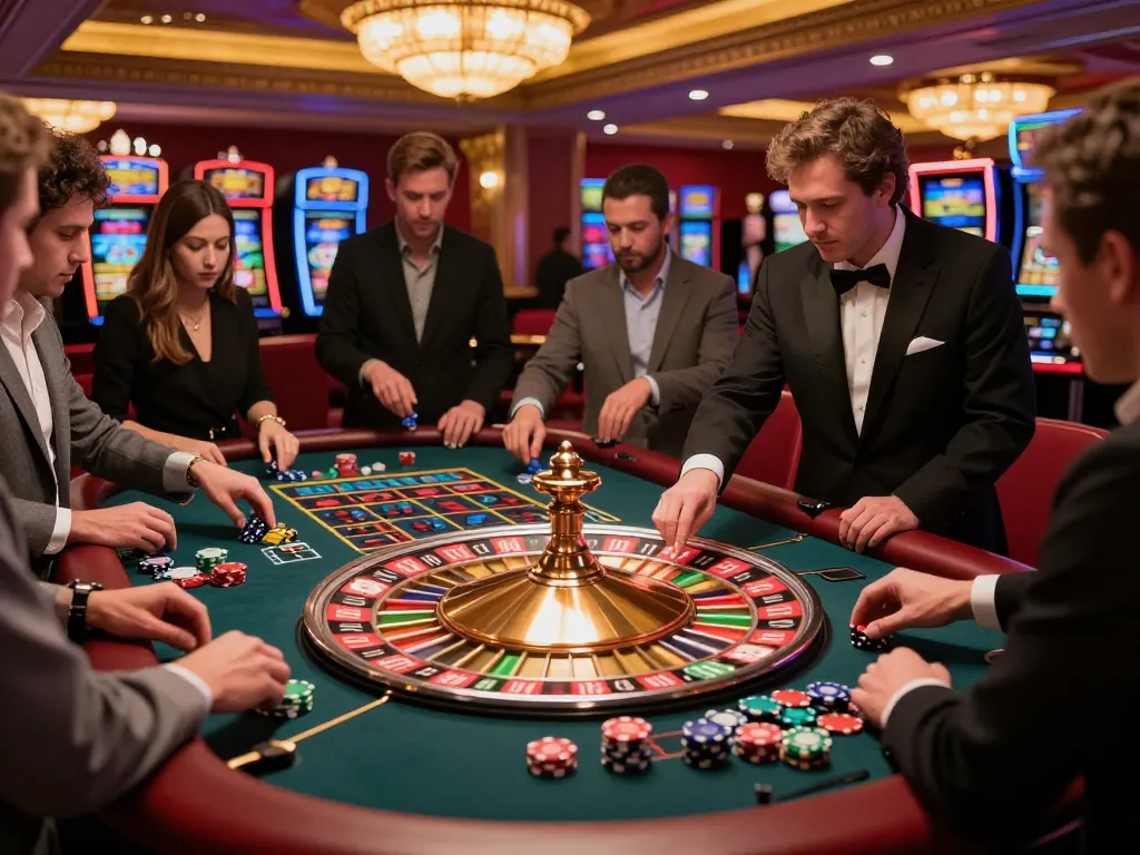 Players betting on roulette with TX88 chips in a vibrant casino atmosphere