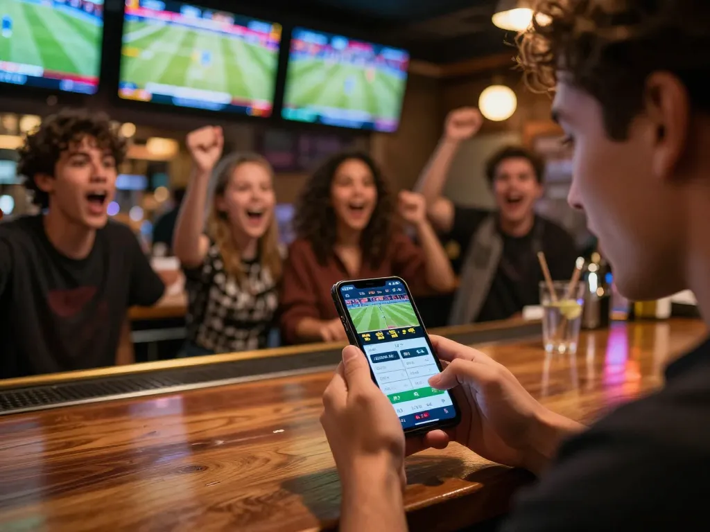 Engaged user placing bets on RR88 mobile app while watching live sports in a vibrant bar.