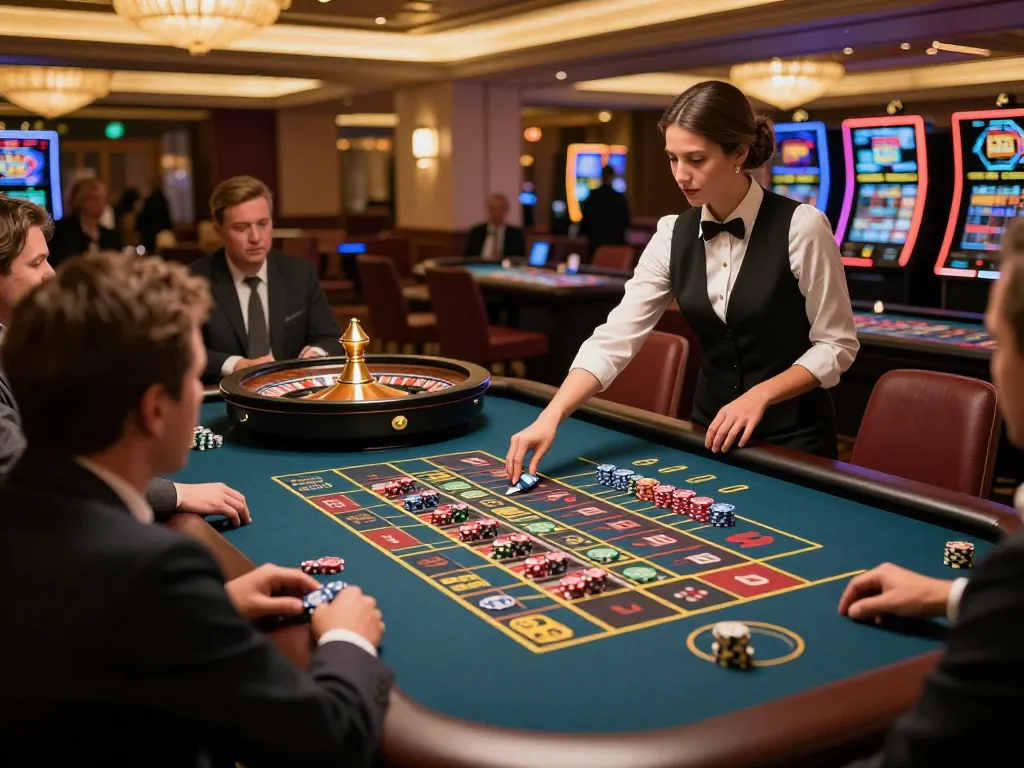 Watch FC88 players placing bets at an exciting roulette table in an upscale casino setting