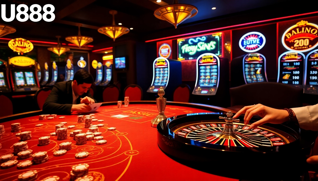 Experience the thrill of U888 with vibrant poker chips and a luxurious casino table in action.