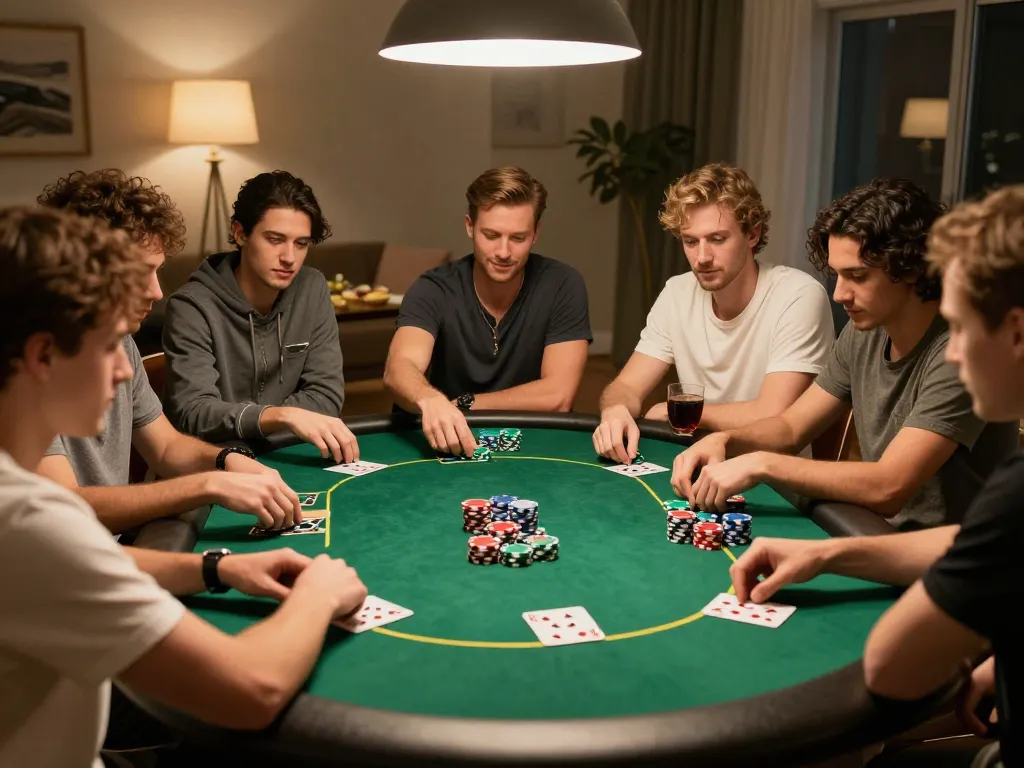 Players enjoy a friendly game at home poker night featuring KU88 poker chips and cards