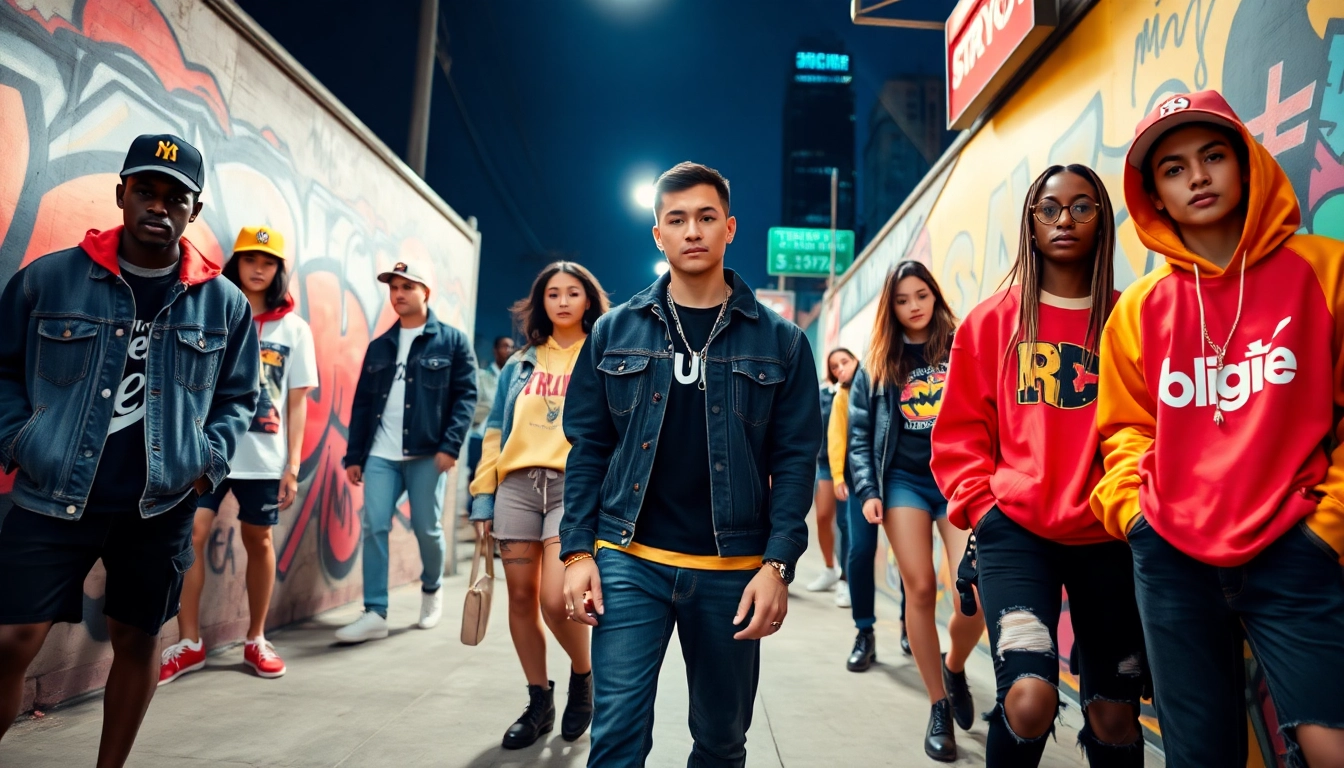 Streetwear clothing brands showcased by models against vibrant urban backdrop