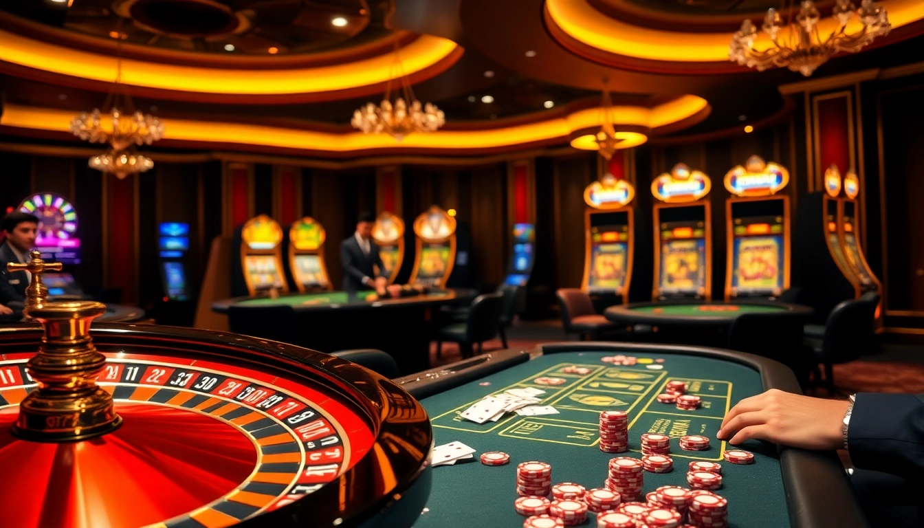 Experience thrilling games at KM88 online casino with vibrant slot machines and poker chips.