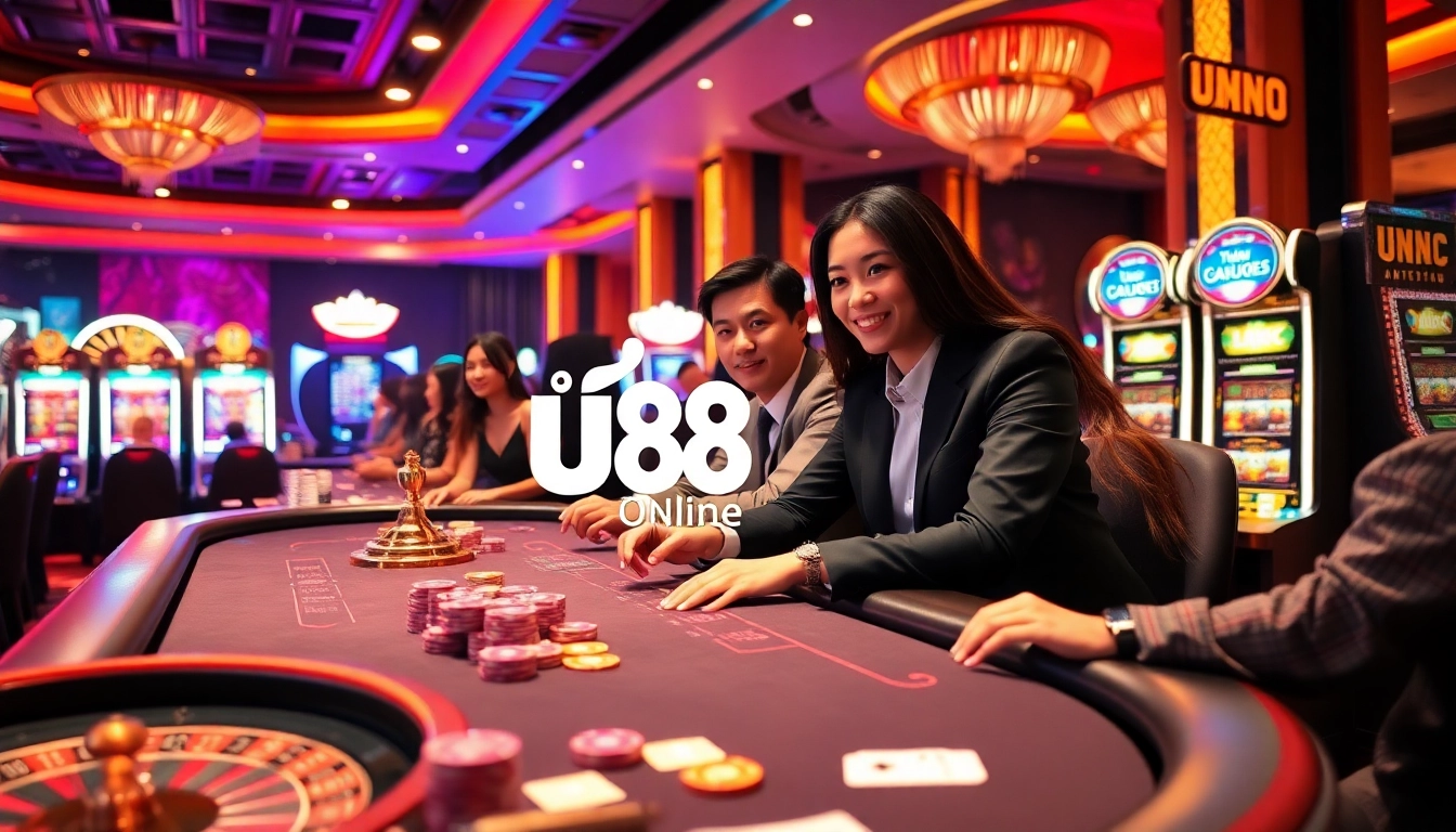Players enjoying a thrilling high-stakes game at uu 88 casino table with vibrant chips and cards.
