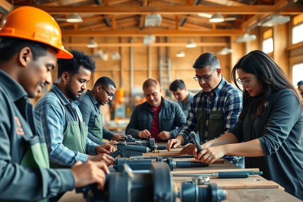Individuals engaged in hands-on construction workforce training, demonstrating teamwork and skills development.