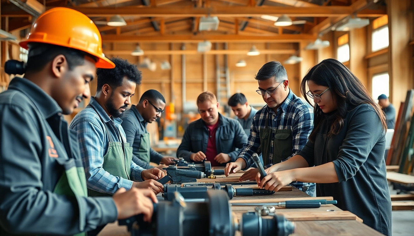 Individuals engaged in hands-on construction workforce training, demonstrating teamwork and skills development.