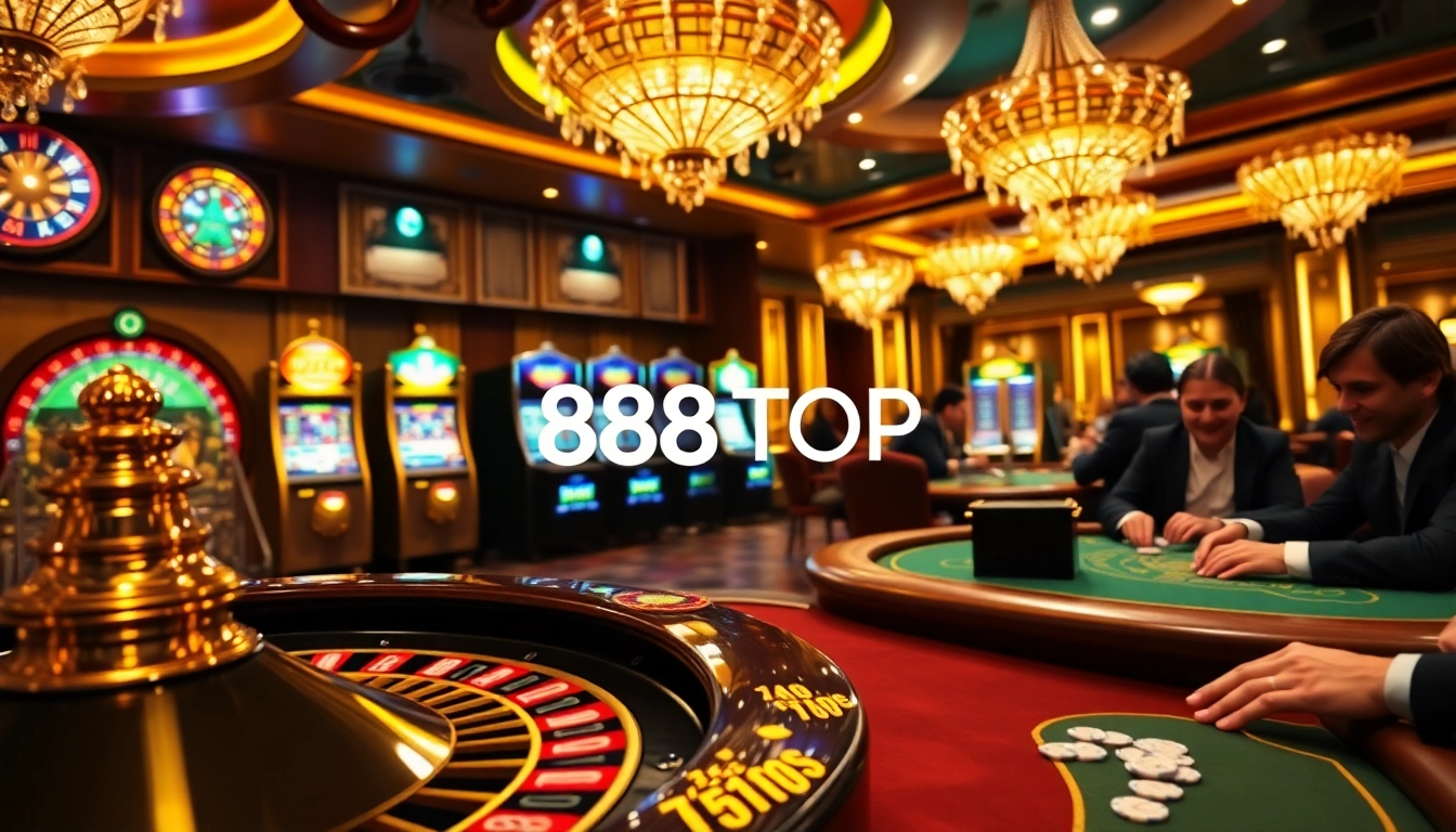 Exciting gameplay at 888TOP casino with players at roulette and poker tables.
