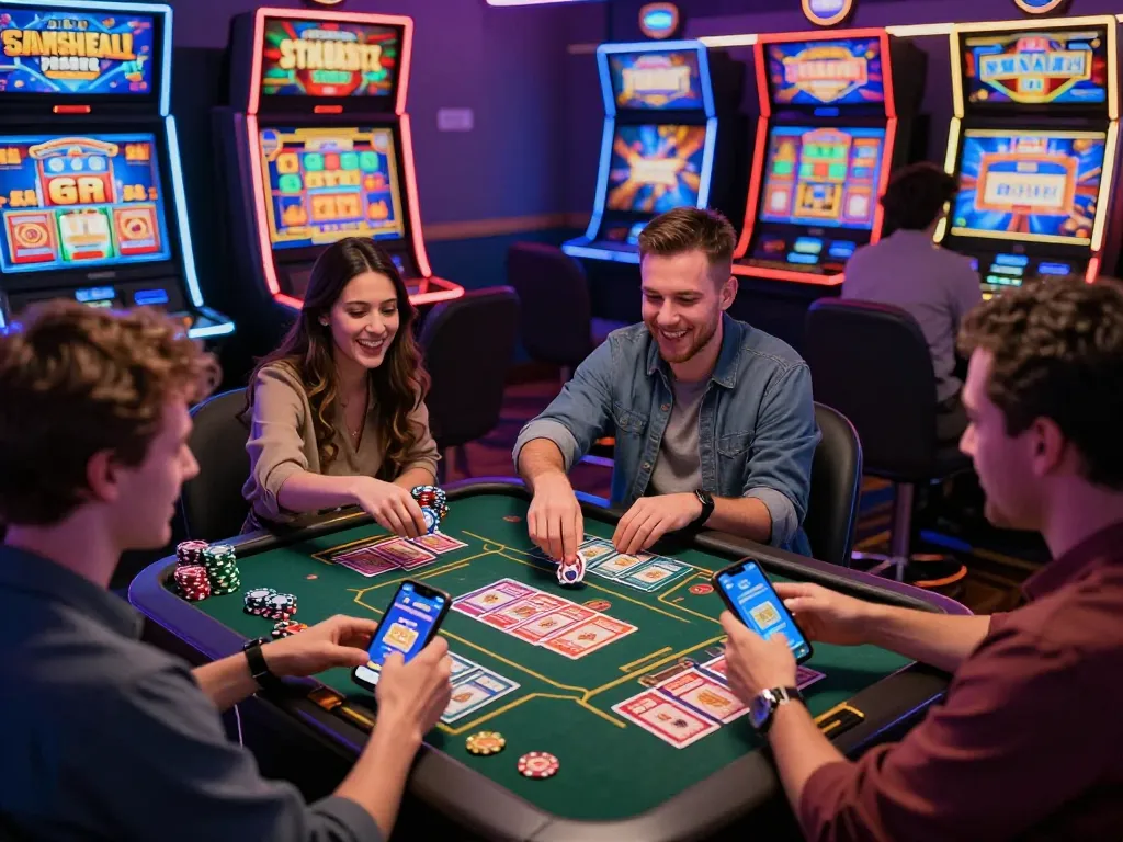 79KING players engaging in a vibrant online gambling atmosphere surrounded by exciting slot machines and card games.