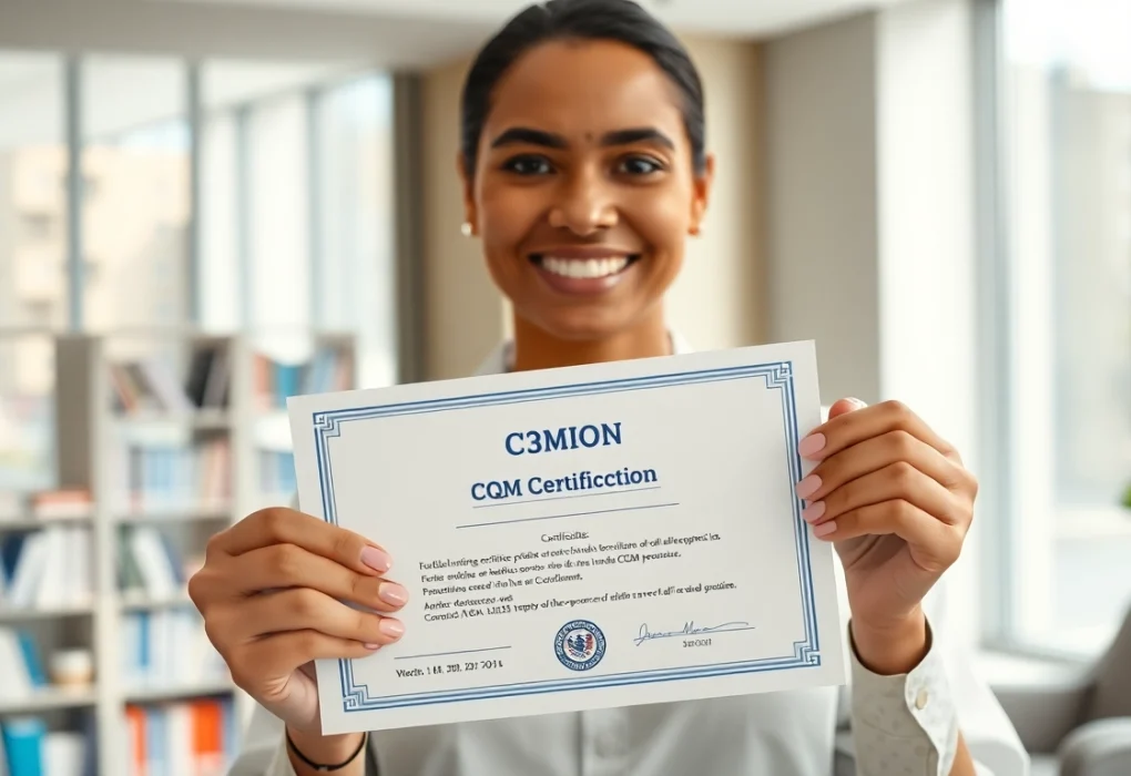 CQM certification displayed in a modern office, showcasing professional achievement and career growth.