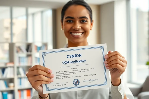 CQM certification displayed in a modern office, showcasing professional achievement and career growth.