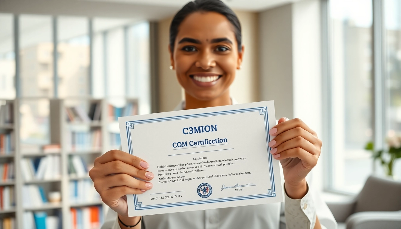 CQM certification displayed in a modern office, showcasing professional achievement and career growth.