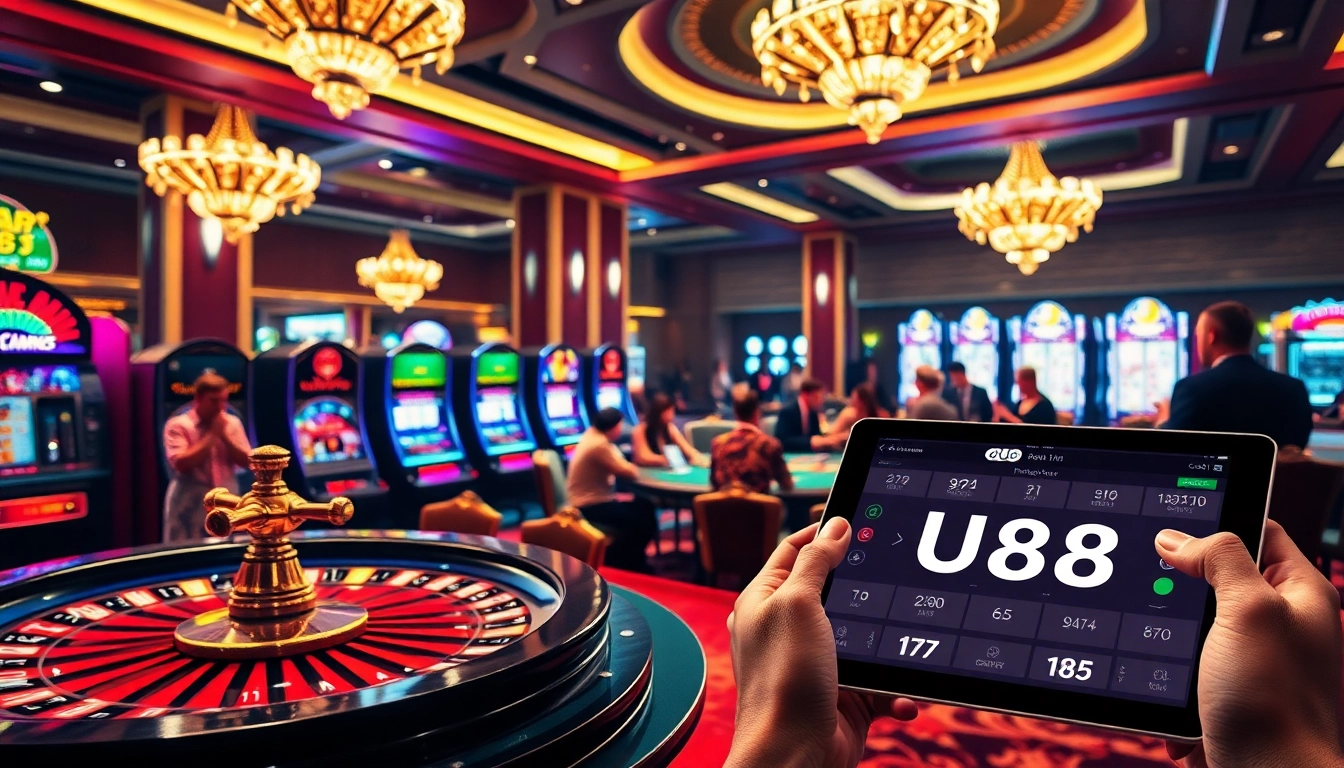 UU88 players engaging in thrilling casino games in a vibrant and luxurious gambling atmosphere.