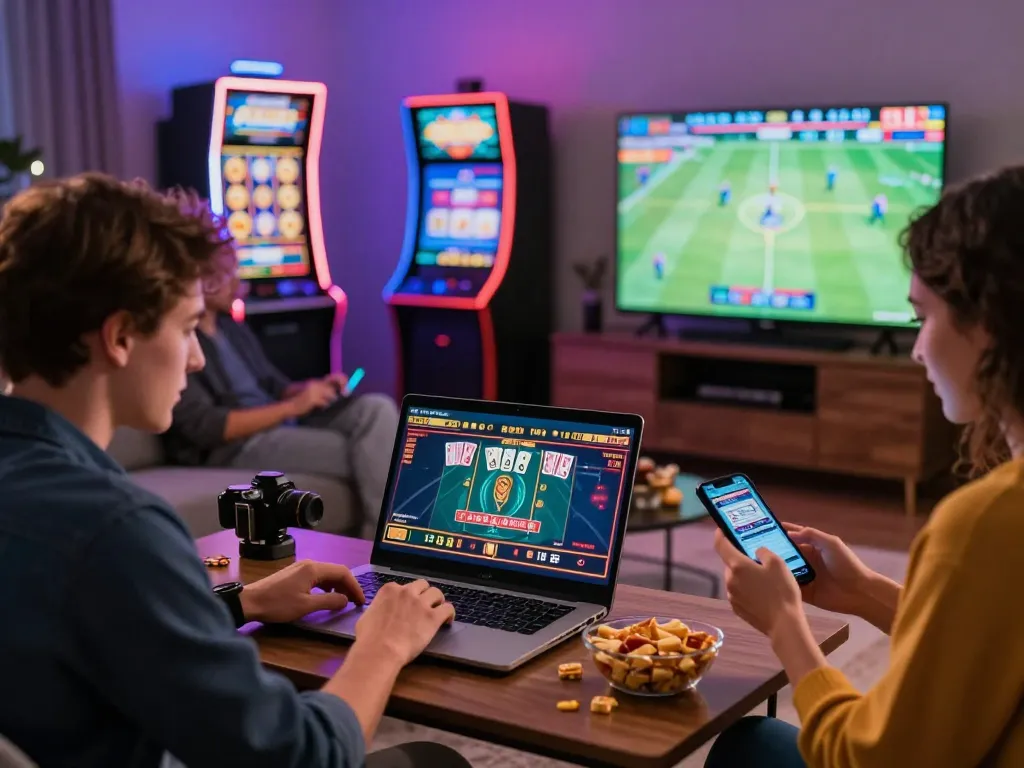 Engaged users at https://fabet.plus/ enjoying live online casino games in a vibrant home setting.