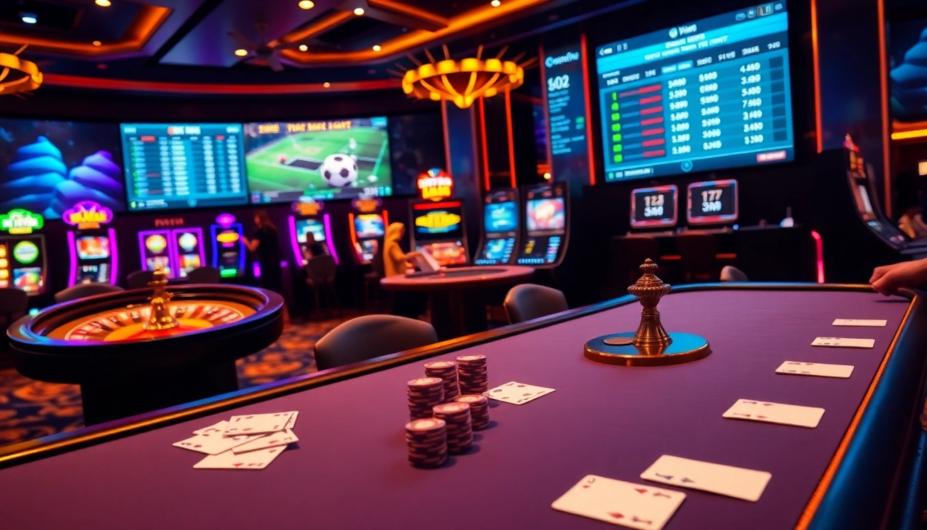 Players engaging with a poker game at https://f168.dating/ amidst vibrant casino visuals.