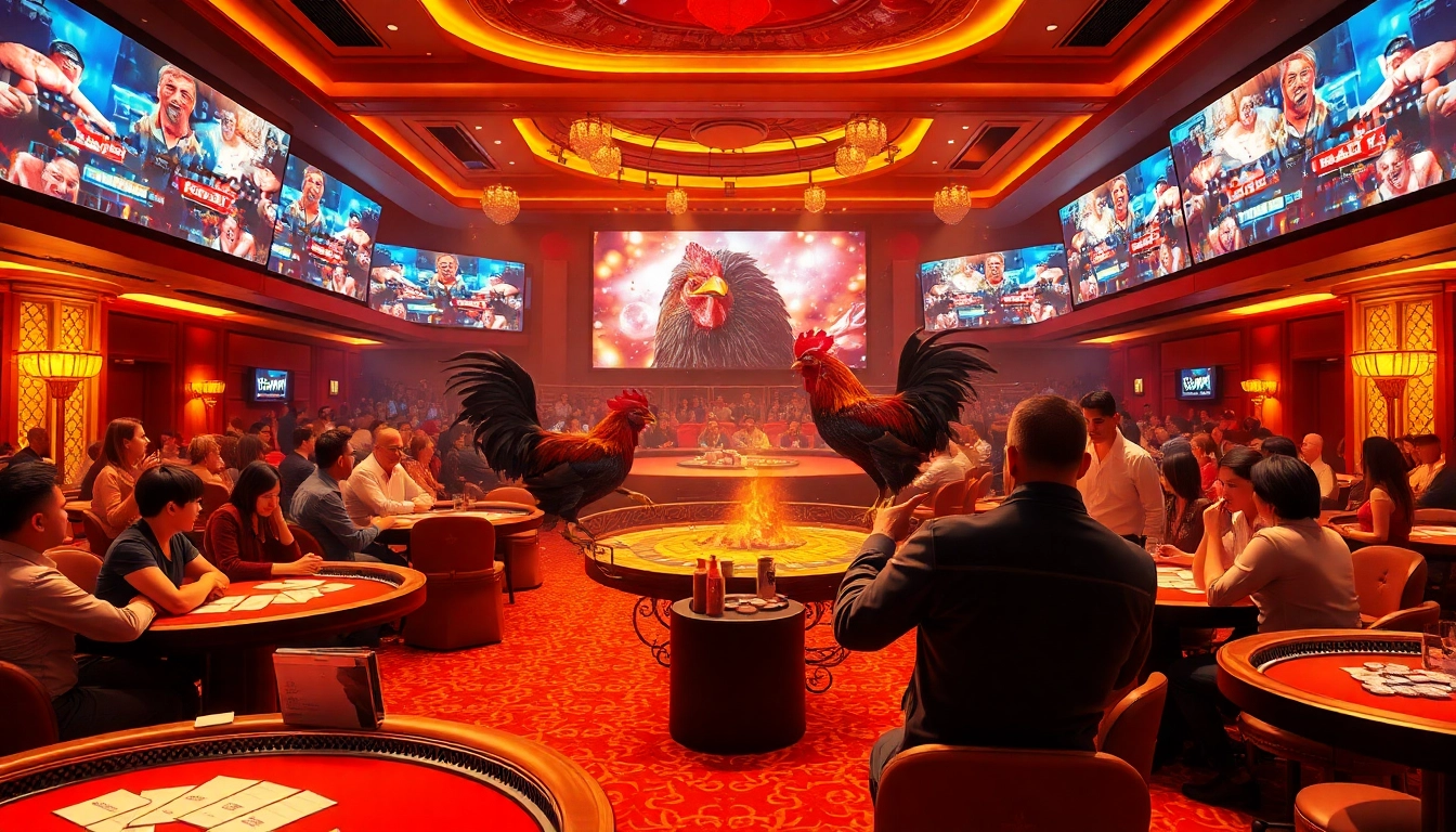 Experience the exhilarating action of đá gà trực tiếp within a vibrant casino atmosphere filled with excitement and betting enthusiasm.