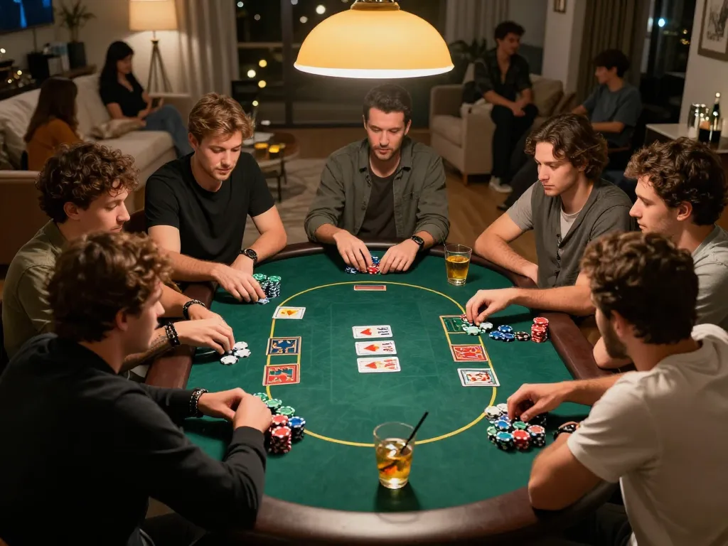 Exciting home poker game night at Fly88, players engaged in strategic betting with vibrant chips and community cards.