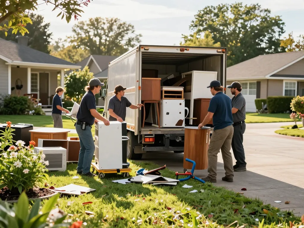 Efficient junk removal services loading household items onto a truck during a bright afternoon