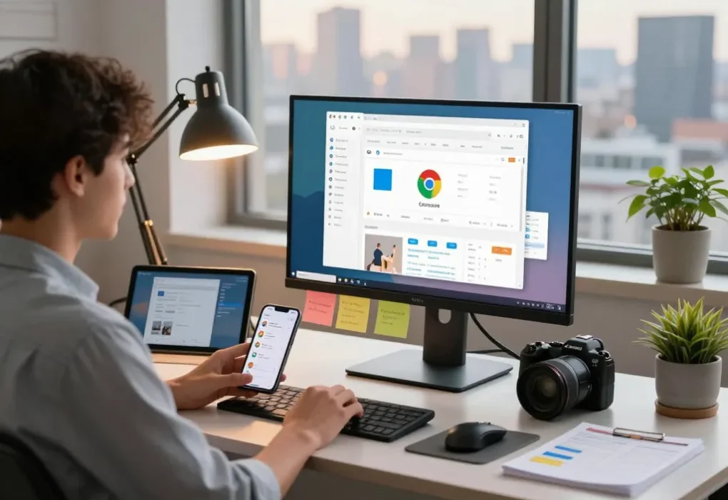 年轻专业人士在现代工作空间的时尚桌子上使用谷歌浏览器，展示生产力工具和科技小工具。