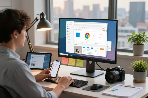 年轻专业人士在现代工作空间的时尚桌子上使用谷歌浏览器，展示生产力工具和科技小工具。