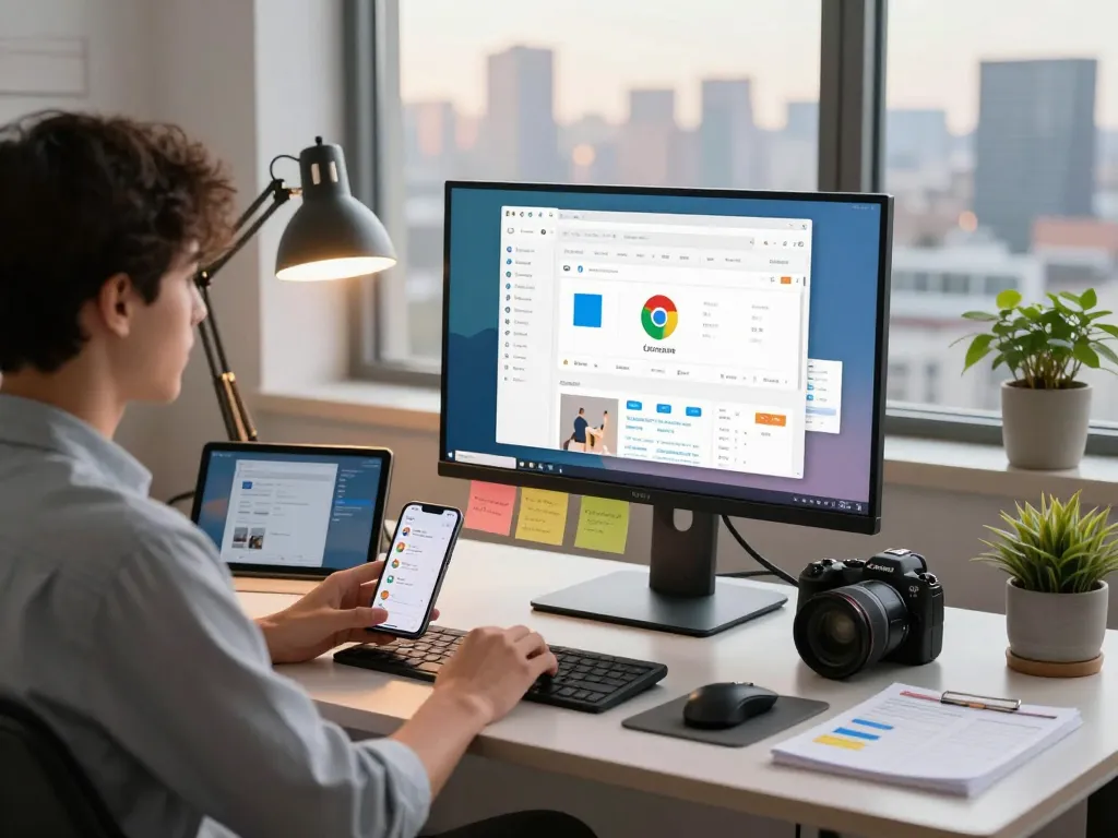 年轻专业人士在现代工作空间的时尚桌子上使用谷歌浏览器，展示生产力工具和科技小工具。