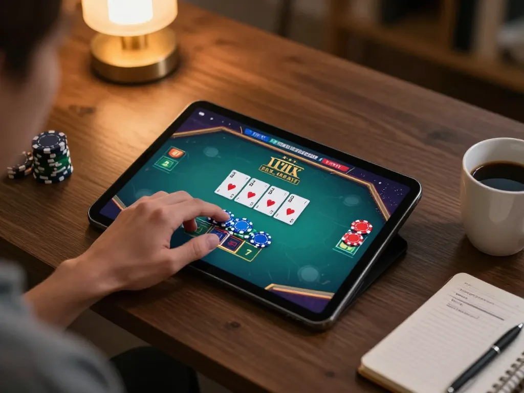 Player placing bets on an online poker game on tablet, showcasing DA88 gaming strategy