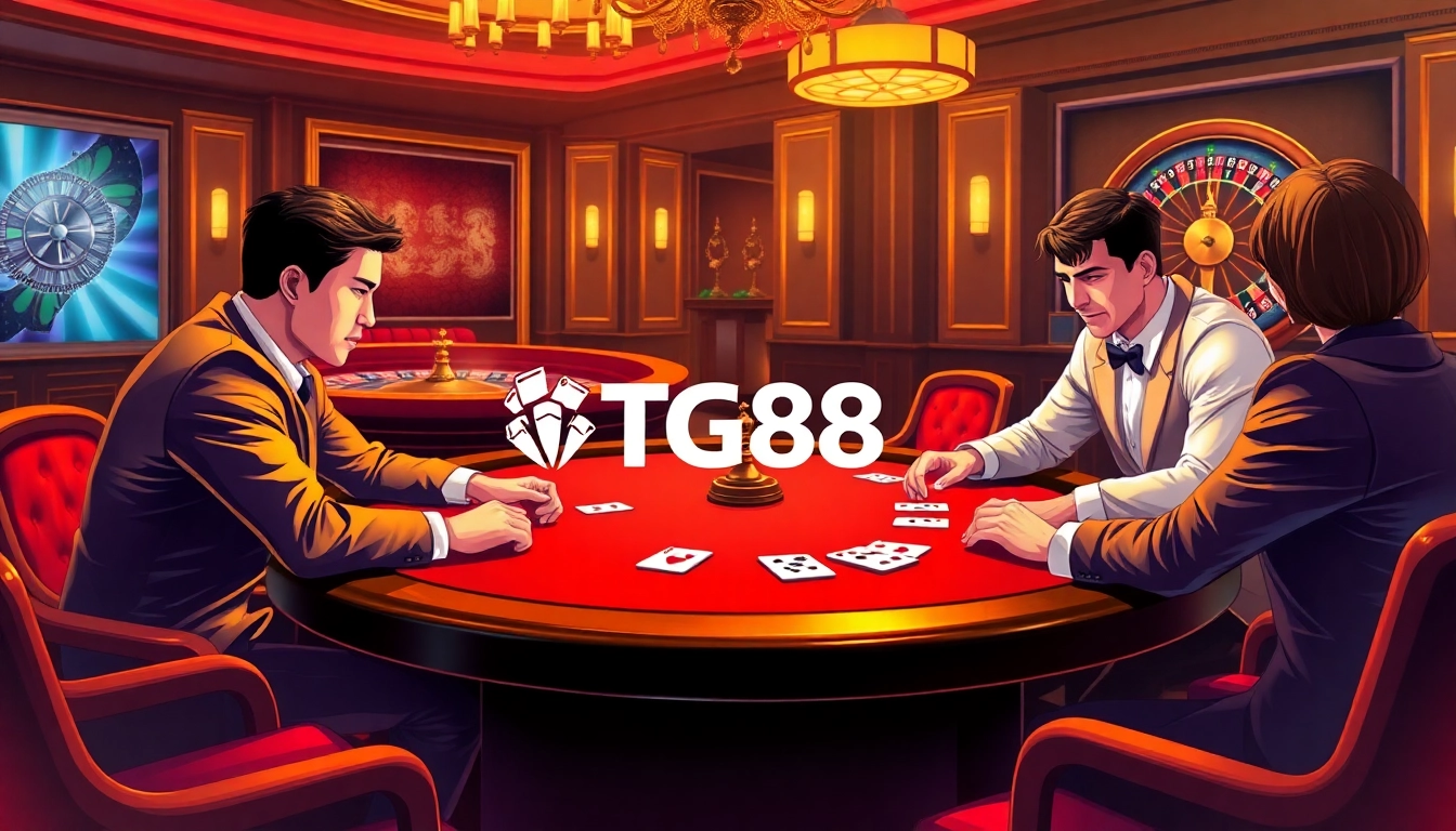 High-stakes poker action at TG88 casino, showcasing vibrant chips and a stylish atmosphere.