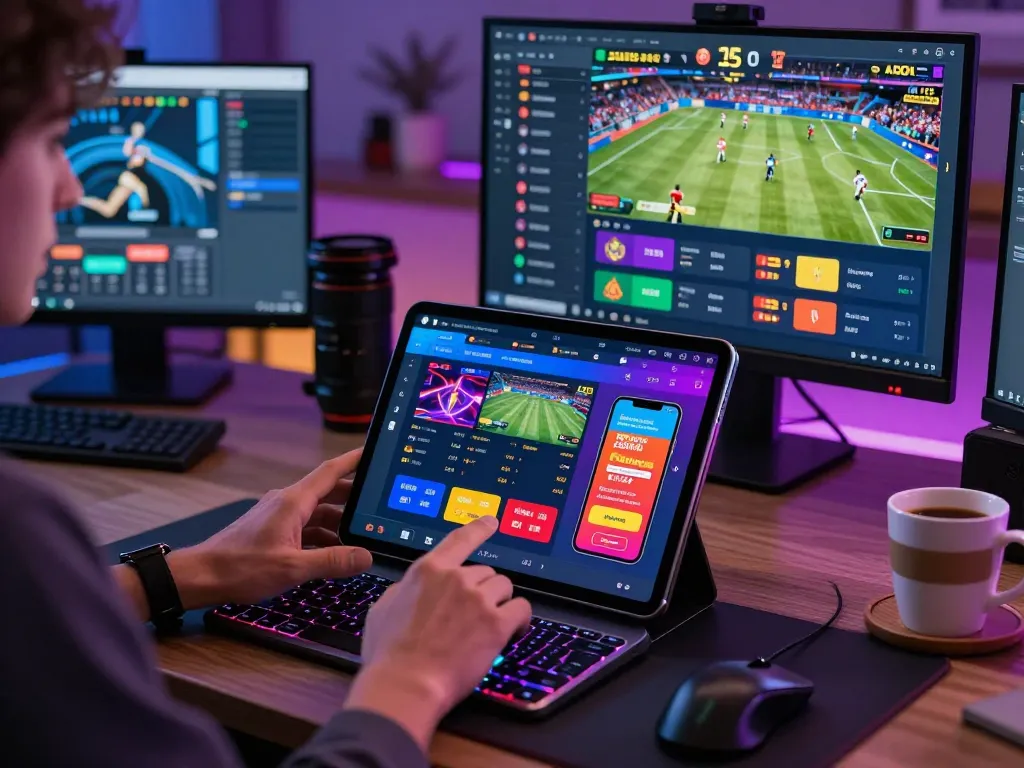 Exciting online gambling interface with https://five88.ryukyu/ displayed on a tablet, showing vibrant sports betting options.