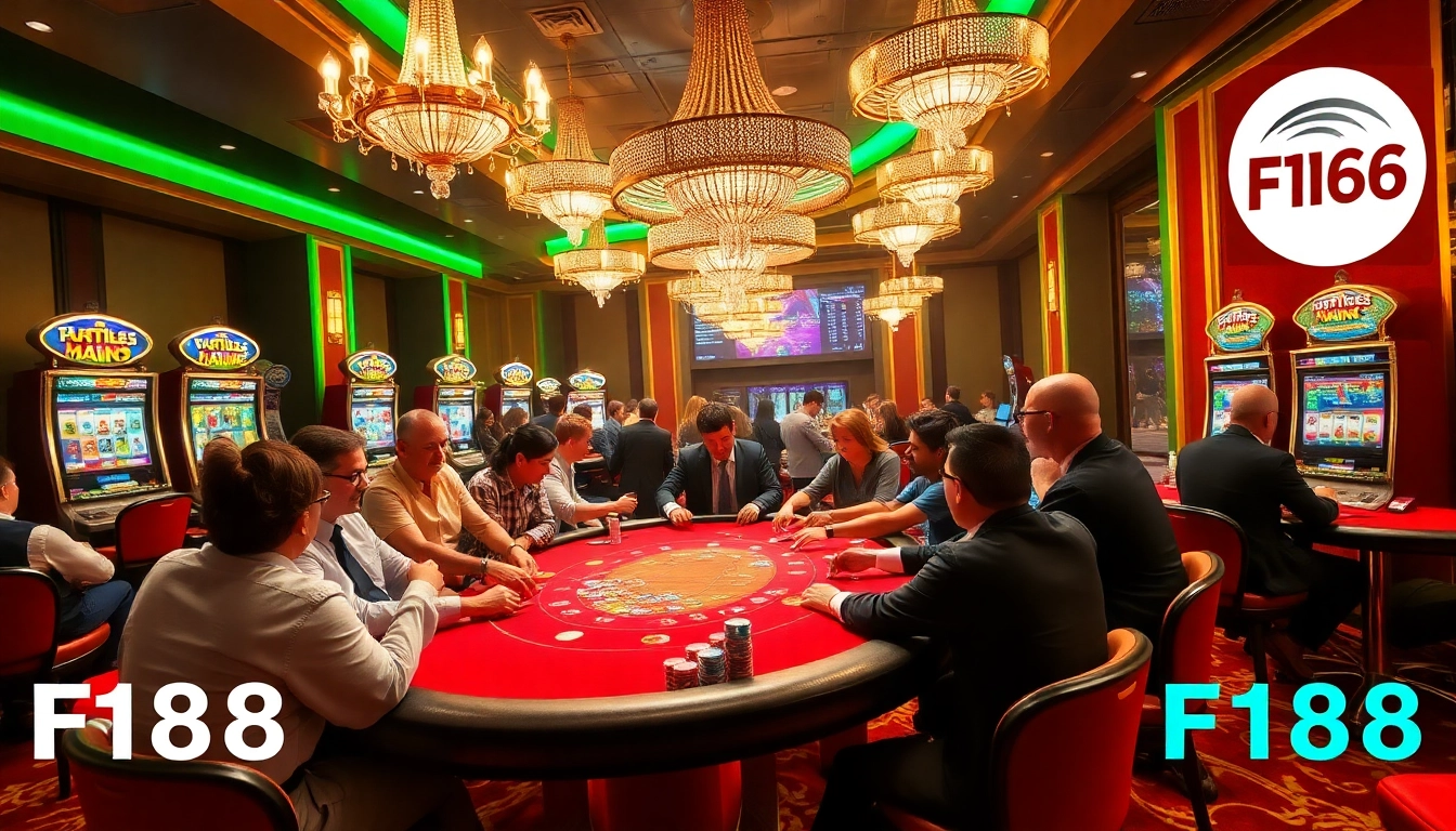 Experience the excitement of F168 gaming at a luxurious poker table with vibrant chips and players focused on strategy.