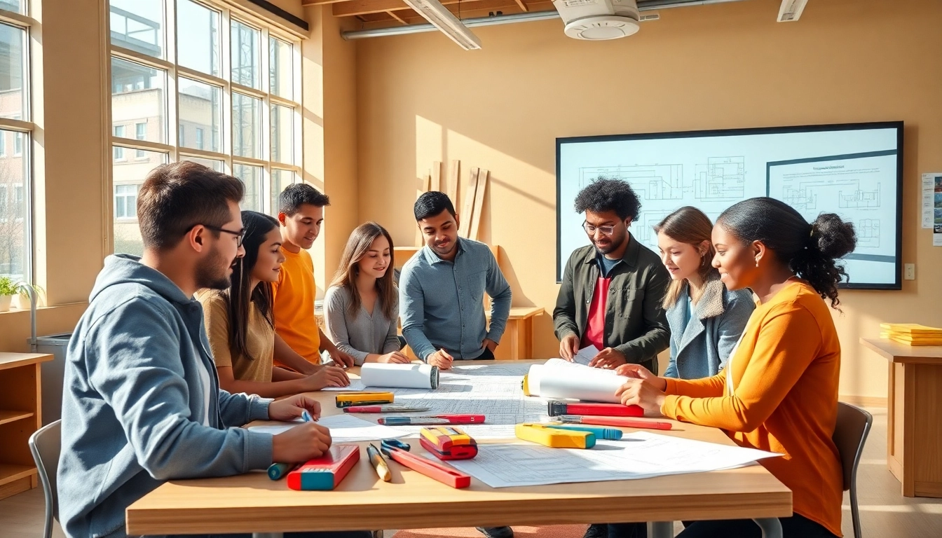 Students participating in engaging construction classes, utilizing tools and collaborating.