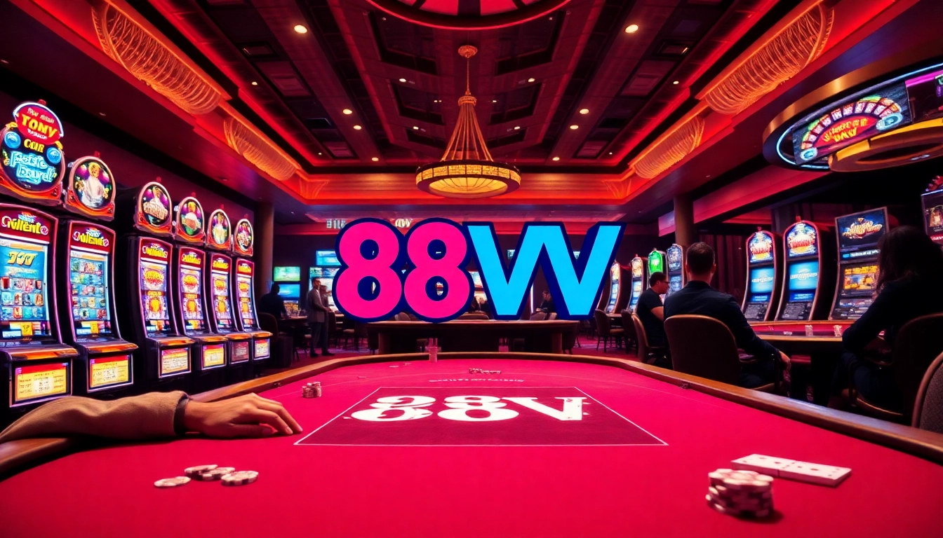 Experience the excitement of 88VV casino gaming with a vibrant poker table and slot machines.
