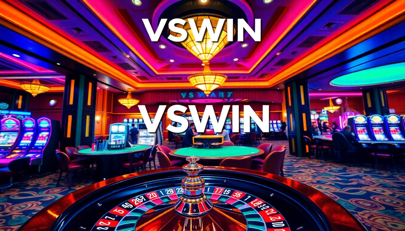 VSWIN casino experience featuring lively gaming tables and vibrant slot machines.