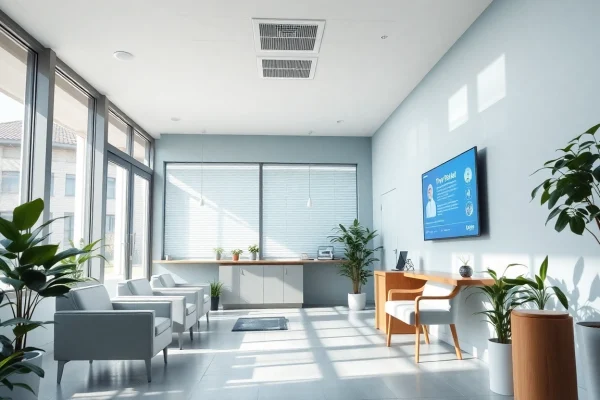 現代的な装飾と自然光が特徴の八千代市整骨院の歓迎する受付エリア。