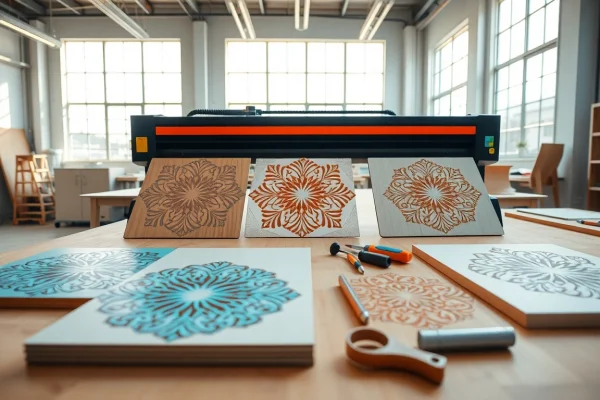 Showcase of laser cutting designs highlighting intricate patterns and textures in a creative workspace
