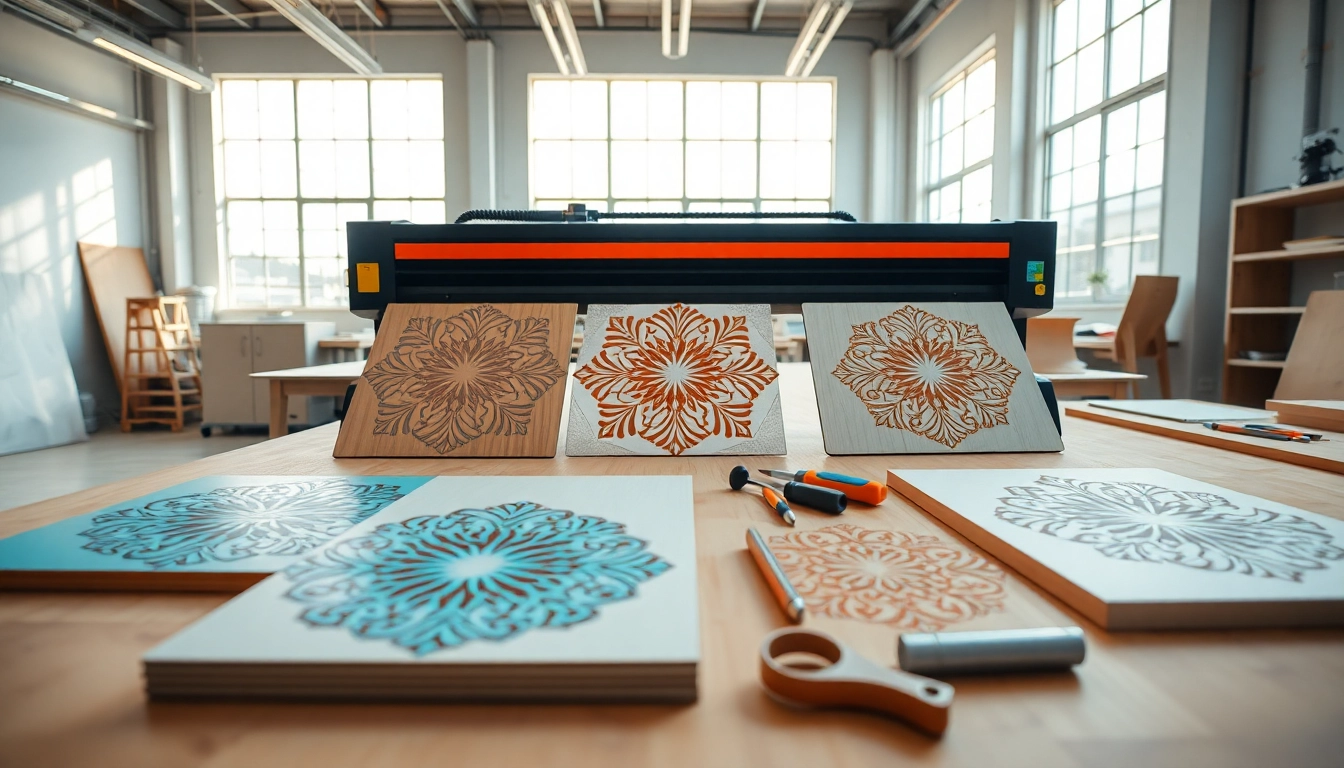 Showcase of laser cutting designs highlighting intricate patterns and textures in a creative workspace