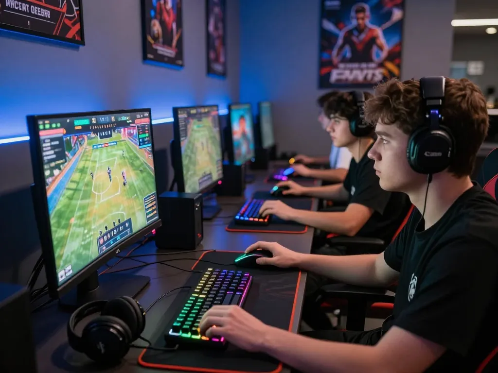 Engaging gaming setup at https://11win.id/ with players focused on sports betting, vibrant ambient lighting, and high-tech accessories.