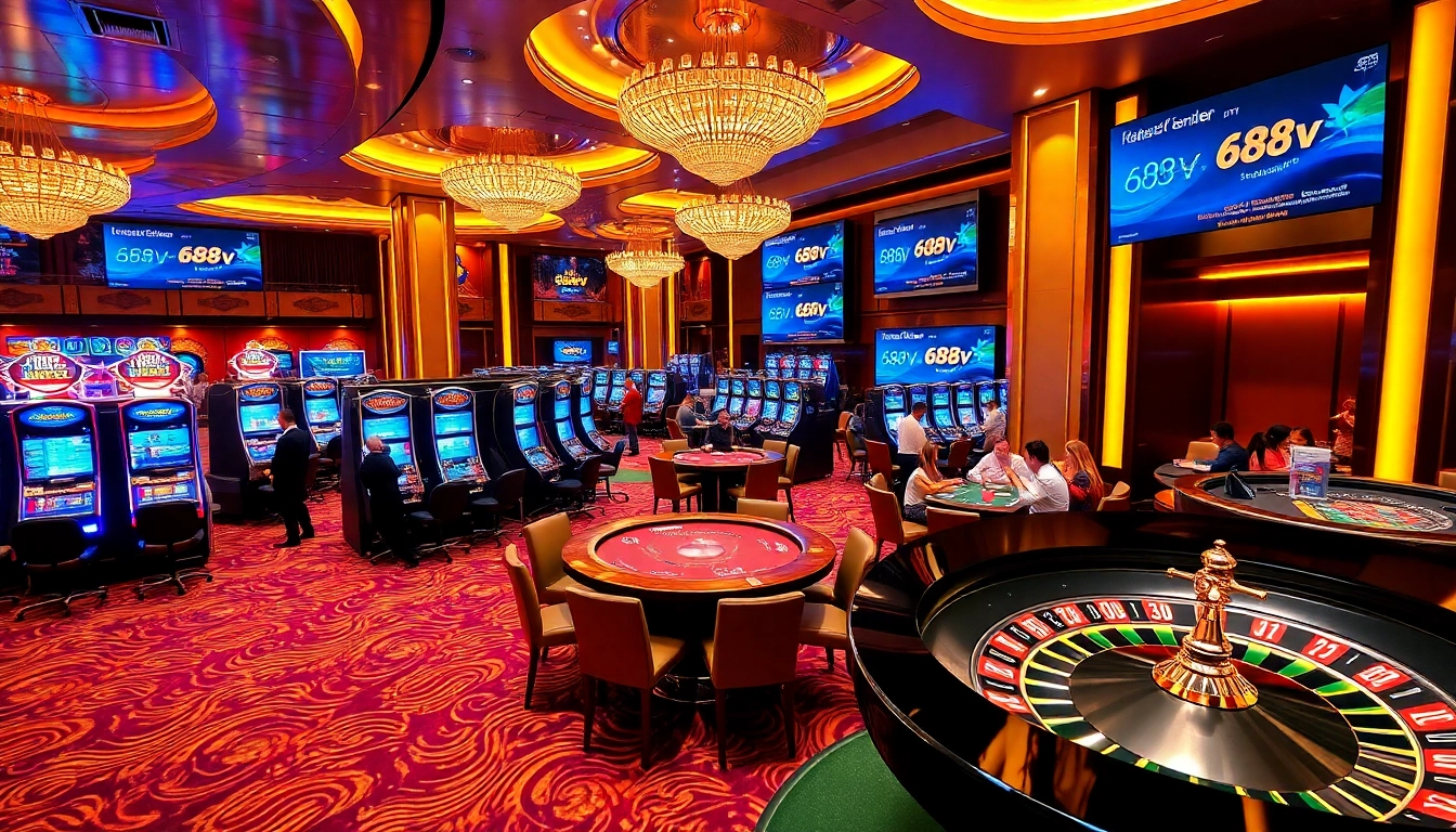 Experience the thrill of 688v at a modern casino with vibrant slot machines and engaged players.