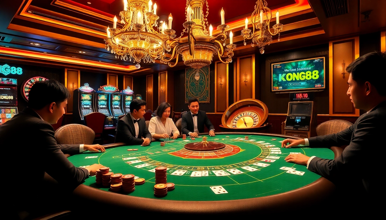 KONG88 poker table action with elegant players, chips, cards, and luxurious casino environment.