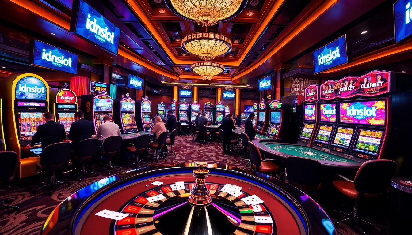 Experience the excitement of idnslot gaming with vibrant casino visuals of slot machines and poker tables.