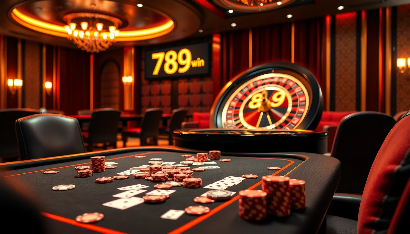 Experience the thrill of 789 win at a luxurious casino with poker chips and roulette.