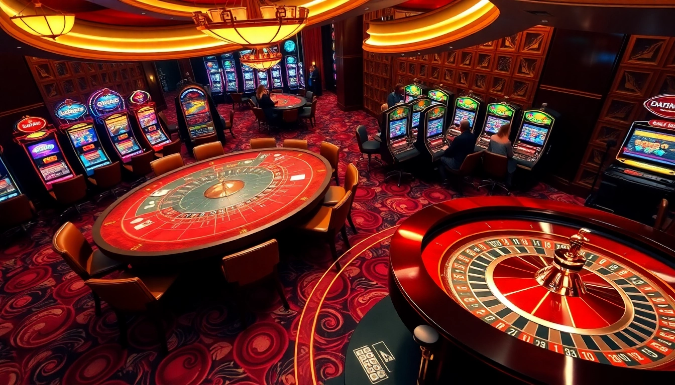 Engaging scene of nhà cái MMOO showcasing poker tables and vibrant slot machines.